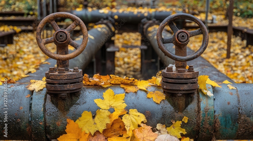 Fototapeta premium Rustic industrial pipes and valves highlighted by fallen golden autumn leaves, merging industrial design and natural decay.