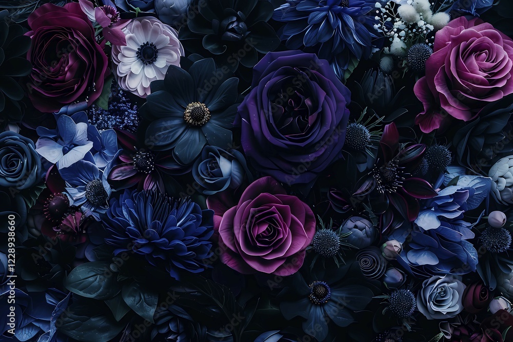 Naklejka premium Densely packed floral arrangement in shades of purple and blue against a dark background, illustration, AI generated