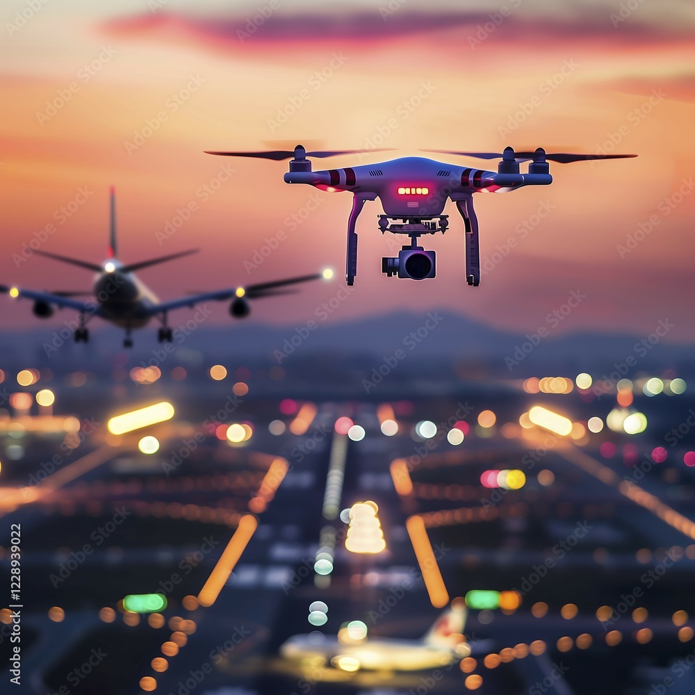 A drone flying over a runway with an aeroplane in the background at dusk, drone, attack, AI generated