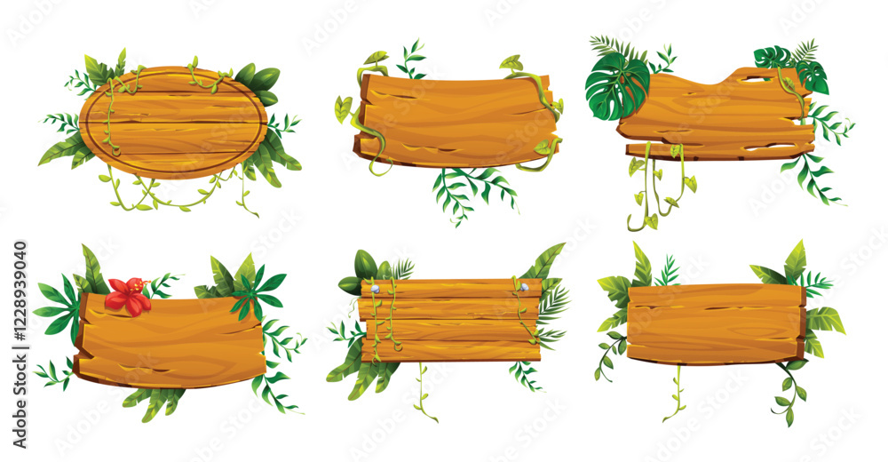 Fototapeta premium Variety of wooden boards with vines and tropical plants. Vector cartoon illustration