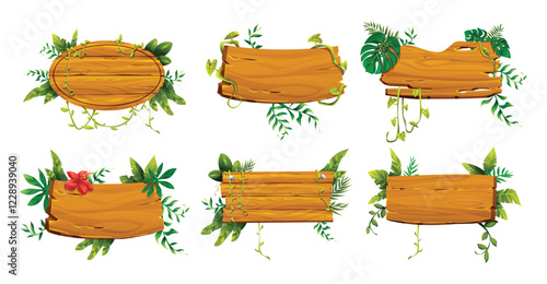 Variety of wooden boards with vines and tropical plants. Vector cartoon illustration