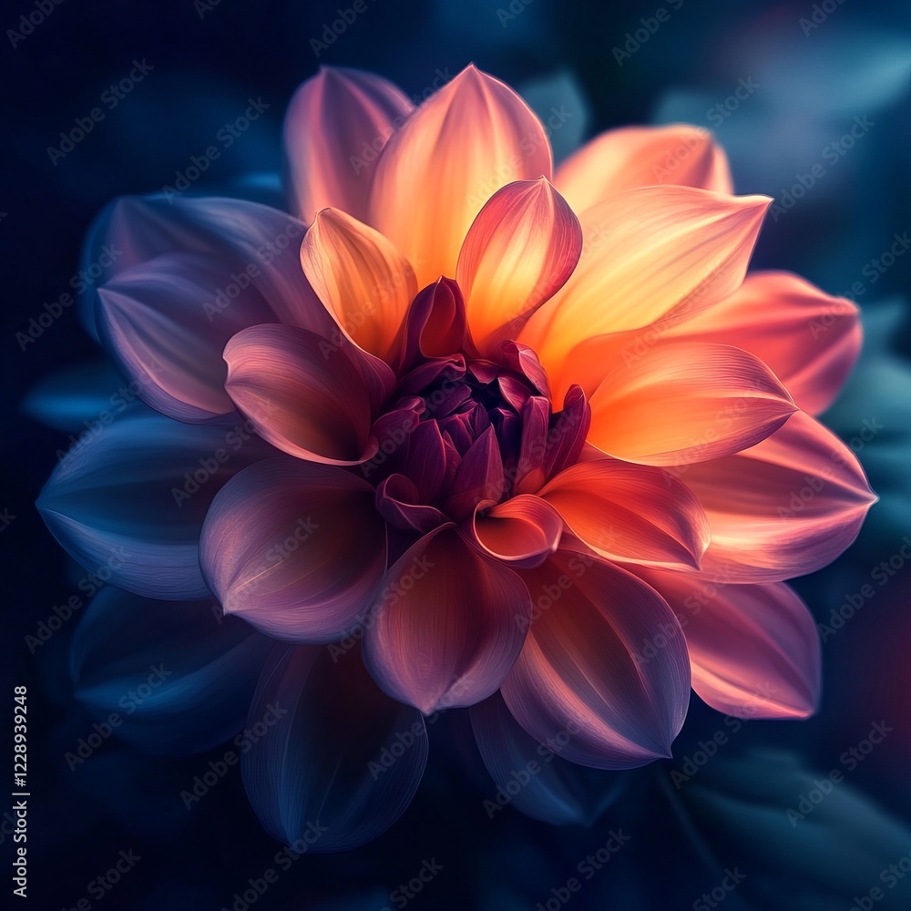 A captivating close,up of a vibrant dahlia flower showcasing its intricate petals and dramatic lighting against a dark background. A captivating close,up of a vibrant dahlia flower showcasing its intricate petals and dramatic lighting against a dark background.
