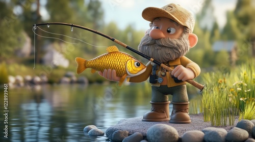 Happy Fisherman: A charming cartoon illustration of a jovial old man proudly displaying a golden fish he caught, standing on a lakeside rock with his fishing rod.