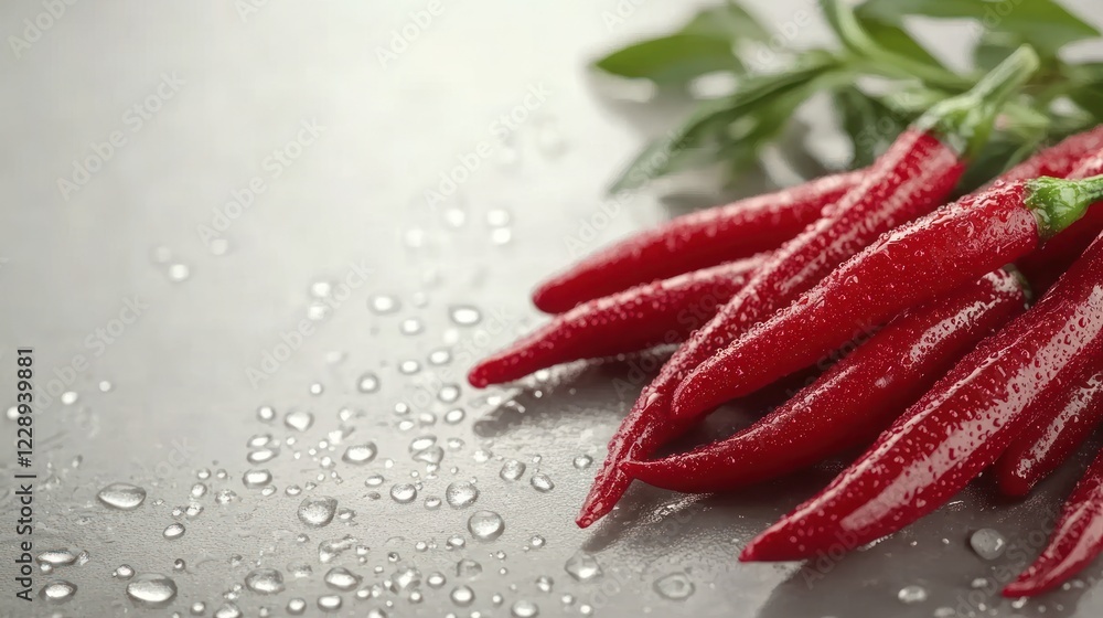 Fresh red chili peppers with water droplets on gray background. Fresh red chili peppers with water droplets on gray background.