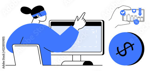 Woman using VR headset while interacting with a computer screen, hand holding grocery products, a dollar sign. Ideal for technology, virtual reality, e-commerce, digital shopping, fintech, future