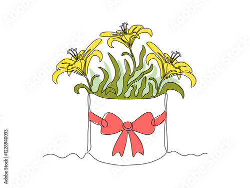 Abstract gift hat box with bow with bouquet of lily flowers, continuous single one line art hand drawing sketch logo