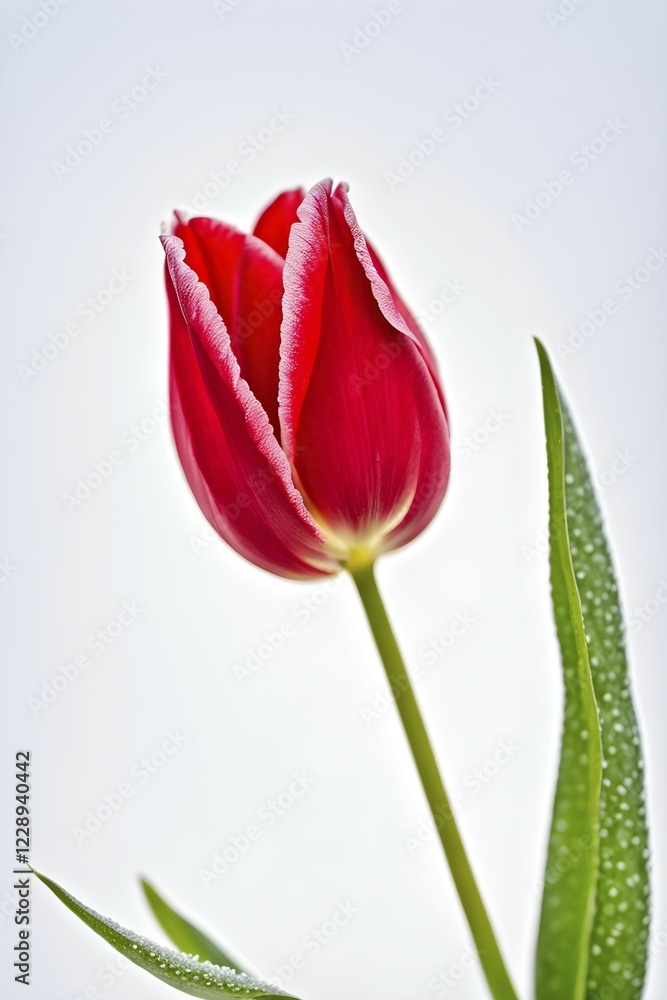 Naklejka premium Isolated red tulip dew kissed petals, white background, AI generated