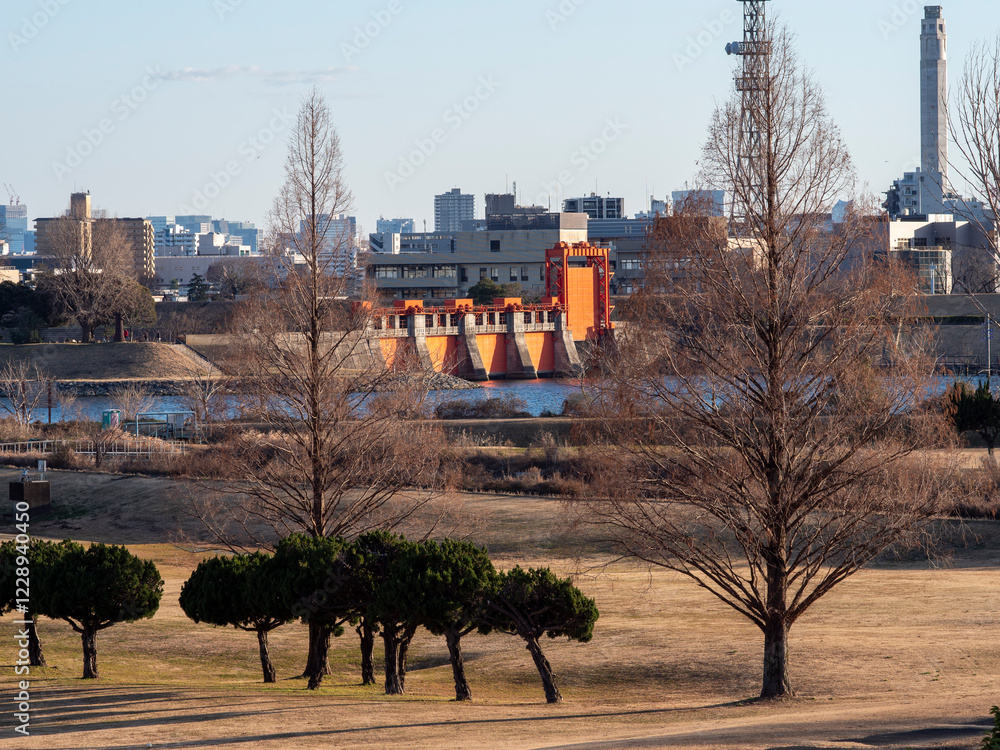 冬の木々と赤羽の赤水門