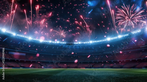 Stadium night without people fireworks 3D rendering