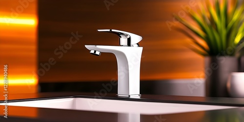 A modern white sink faucet with a sleek design, set against a warm, illuminated background. Concept Modern Faucet Design, Sleek Aesthetics, Warm Lighting, Elegant Home Decor photo