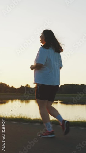 Motivated obese woman running along the river. Jogging for weight loss. Fat burning, running. Young unrecognizable overweight plus size woman jogging for weight loss. Weight loss, healthy lifestyle