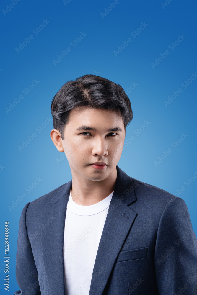 A man in a blue suit and white shirt is standing in front of a blue background A man in a blue suit and white shirt is standing in front of a blue background