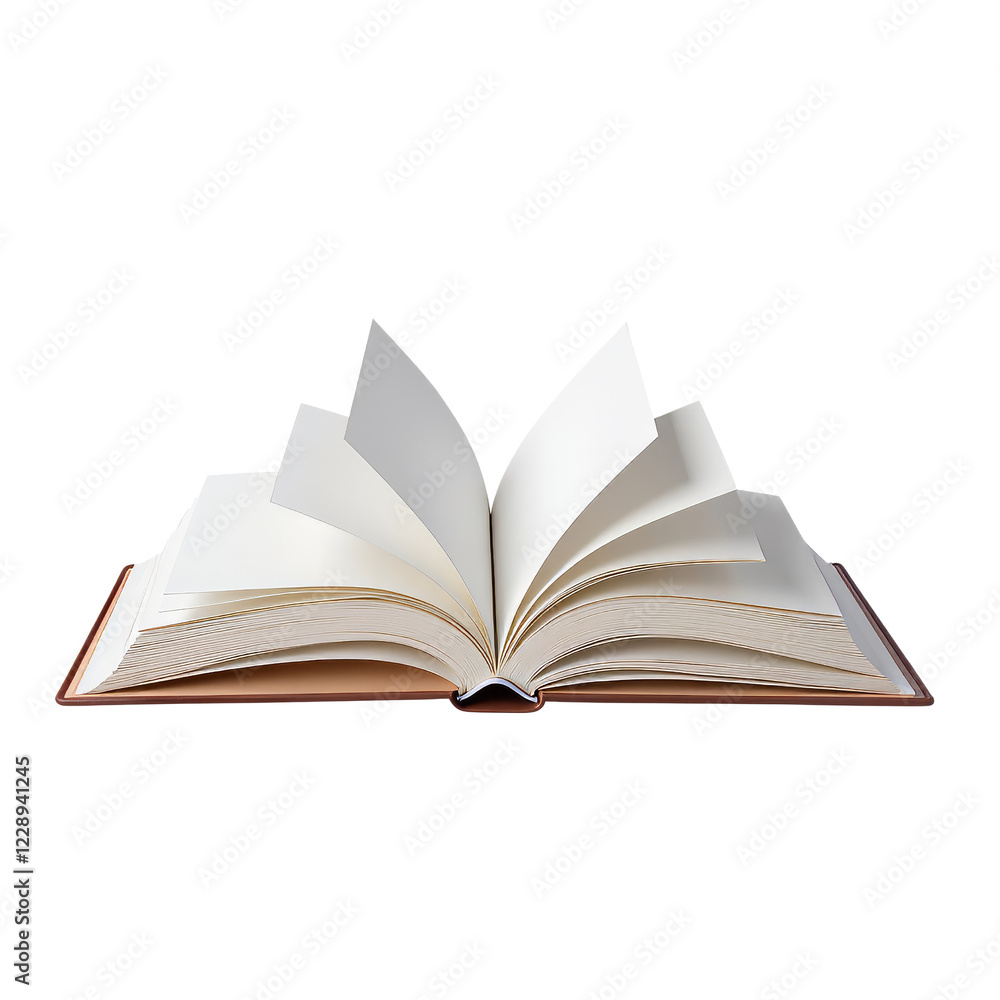Brown Hardback Book Open with Fanned Pages Revealing Blank Paper Brown Hardback Book Open with Fanned Pages Revealing Blank Paper