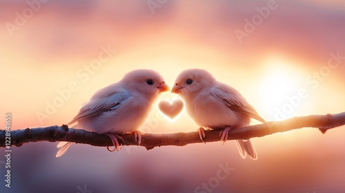 Animal couple valentine concept. Two sweet birds share a tender moment on a branch, framed by a beautiful sunset, symbolizing love and affection.