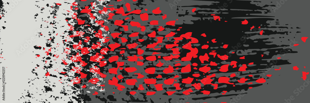 Abstract painting with three textured sections in dark gray, white, and red on a black background, featuring rough brush strokes and a distressed style, perfect for contemporary decor. Abstract painting with three textured sections in dark gray, white, and red on a black background, featuring rough brush strokes and a distressed style, perfect for contemporary decor.