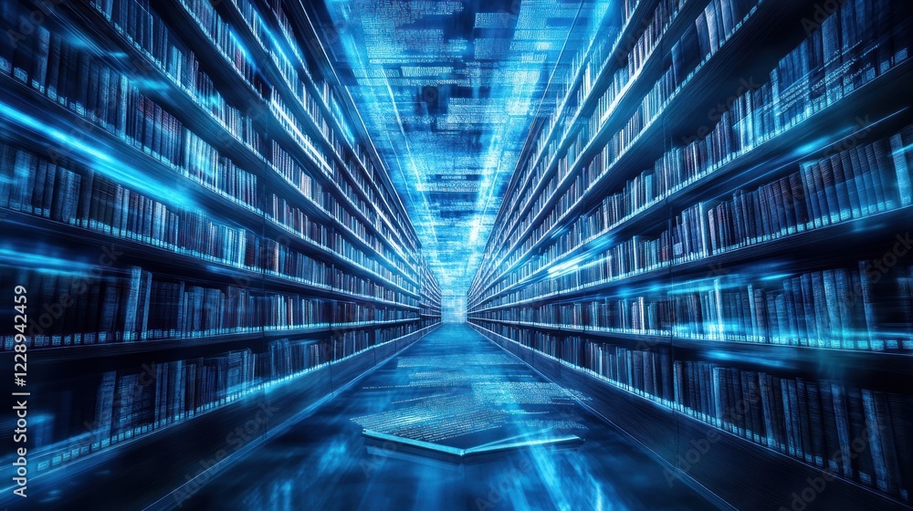 Obraz premium Futuristic library with glowing shelves and digital data flow