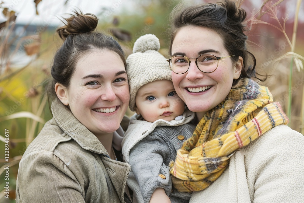 Obraz premium Amily portrait of happy female homosexual couple with young child. Generative Ai, AI generated