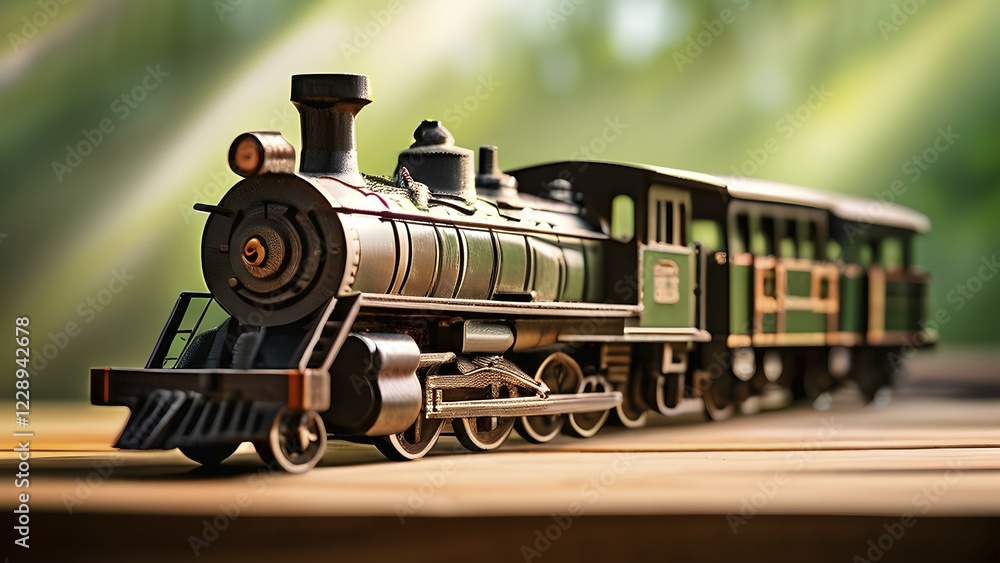 Naklejka premium Vintage wooden locomotive toy with a playful design in front of blurred background, AI generated