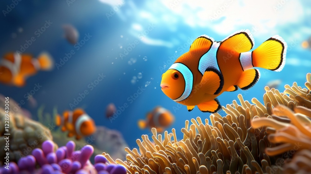 Vibrant Clownfish Swimming in a Coral Reef Underwater Scene Ocean Life Vibrant Clownfish Swimming in a Coral Reef Underwater Scene Ocean Life