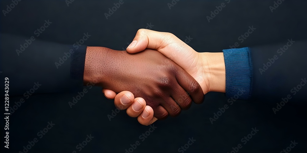 A close-up of two hands shaking, one with dark skin and the other with light skin, symbolizing agreement or partnership. Concept Diverse Partnerships, Unity in Diversity, Handshake Symbolism