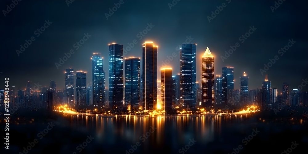 A futuristic city skyline at night, illuminated by glowing skyscrapers reflected in a body of water. Concept Futuristic Cityscape, Nighttime Illumination, Skyscraper Reflections, Urban Aesthetics A futuristic city skyline at night, illuminated by glowing skyscrapers reflected in a body of water. Concept Futuristic Cityscape, Nighttime Illumination, Skyscraper Reflections, Urban Aesthetics
