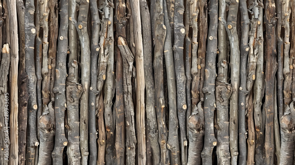 Rustic Wooden Fence Background, Texture Of Natural Unpainted Branches, Vertically Arranged Rustic Wooden Fence Background, Texture Of Natural Unpainted Branches, Vertically Arranged
