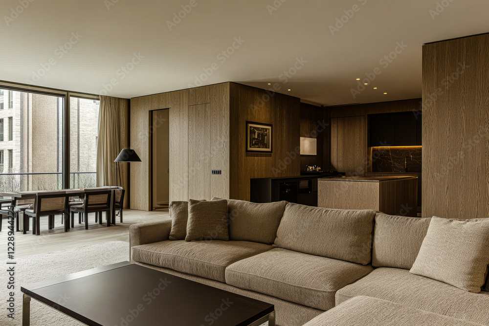 Fototapeta premium Modern living room with open kitchen and large windows in urban apartment