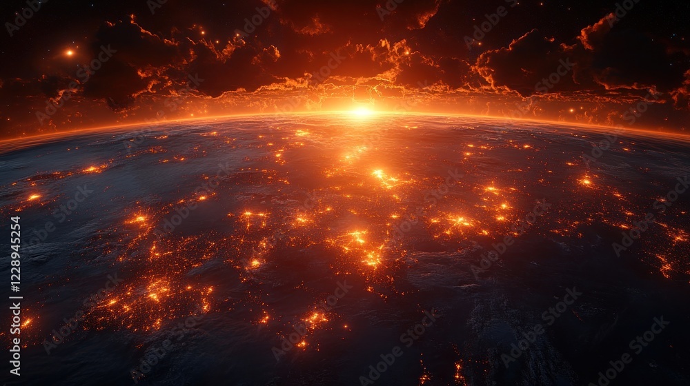 Fiery sunrise over burning planet, space background Fiery sunrise over burning planet, space background