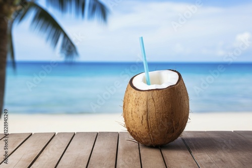 Coconut with drinking straw on wooden table with beach and ocean in blurry background. KI generiert, generiert AI generated