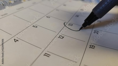 Man circling event date reminder on month calendar - 13th day in month calculator