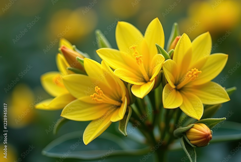 Obraz premium A cluster of yellow flowers with green leaves and brown buds.