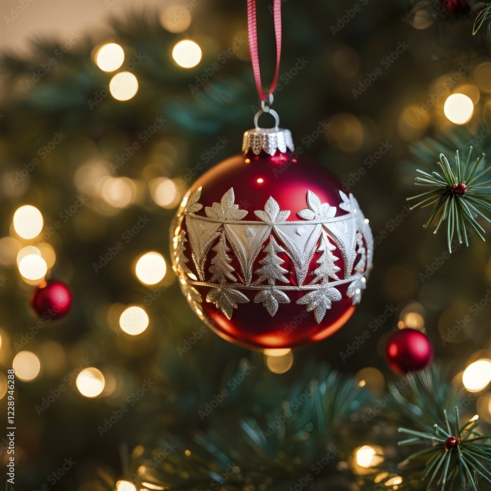 Fototapeta premium Christmas ornament hanging on a tree, with reflections of twinkling lights and fireplace flames flickering in the background, AI generated