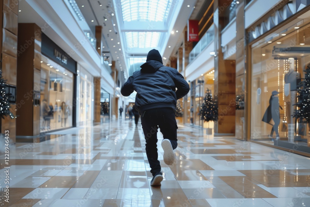 A man on the run, shoplifter with a cap runs through a shopping centre, AI generated, AI generated, AI generated