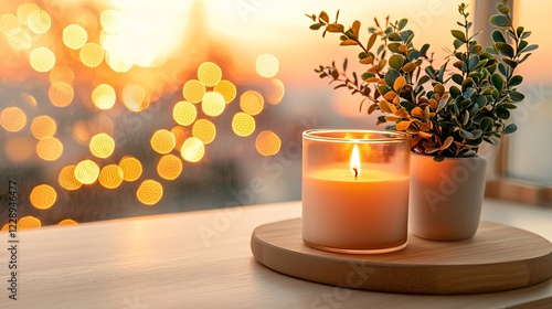 Cozy Candle and Potted Plant Against a Warm Sunset Glow