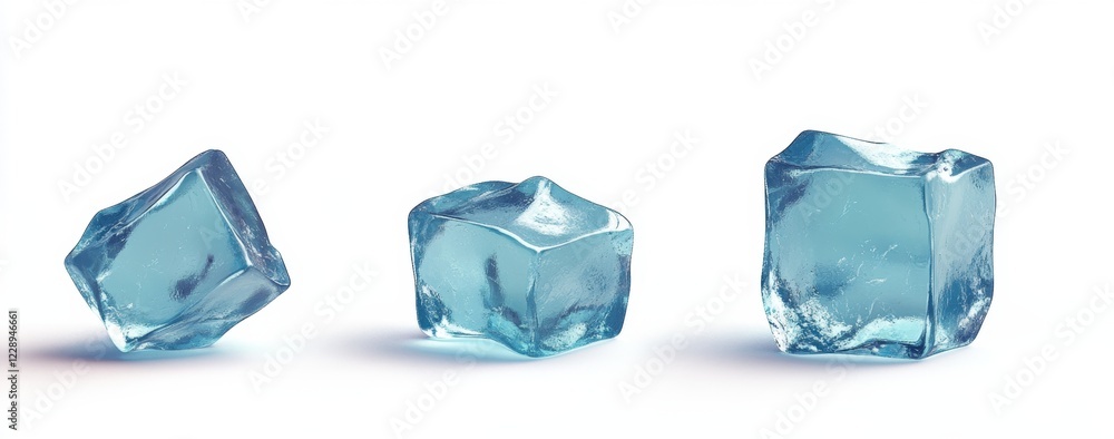 Obraz premium Three ice cubes on white, studio shot, refreshing background, beverage use