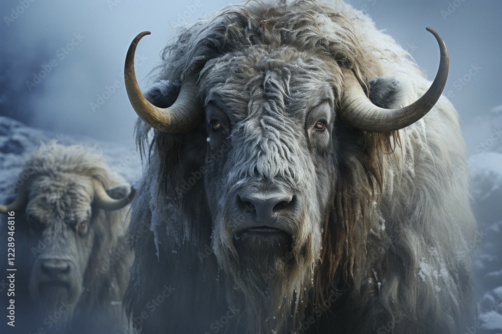 Naklejka premium Muskoxen in winter during snowstorm, AI generated