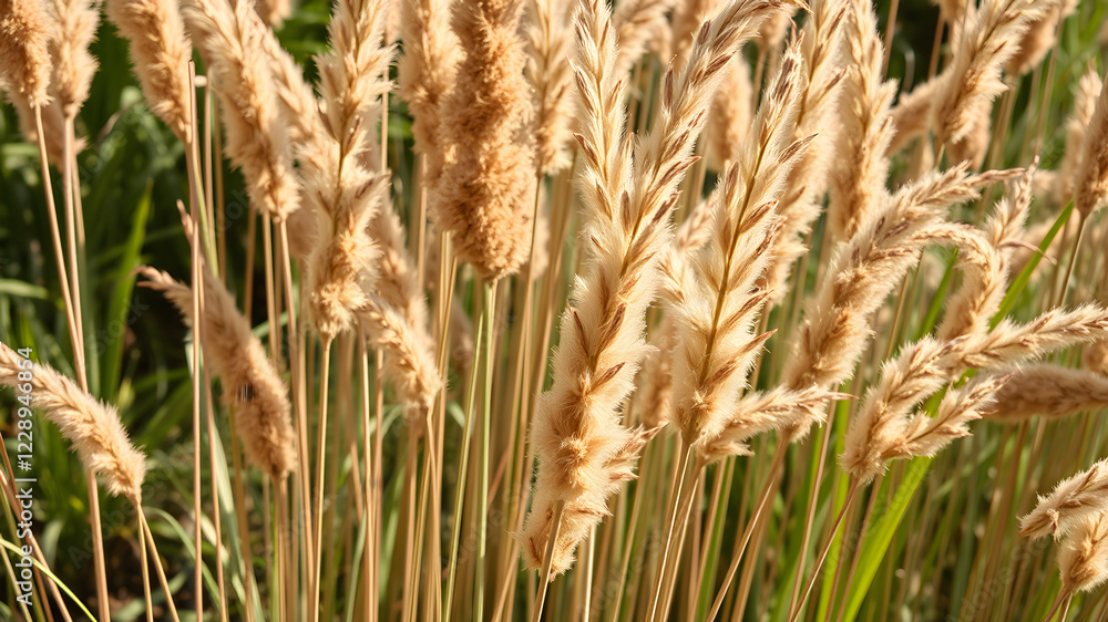 Beautiful reeds with brown catkins outdoors on sunny day. Space for text. generative AI Beautiful reeds with brown catkins outdoors on sunny day. Space for text. generative AI