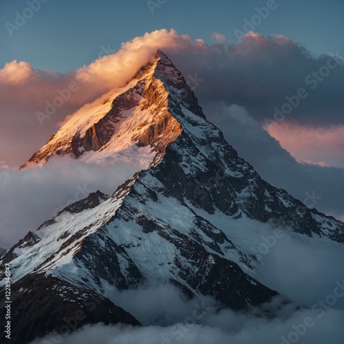 A mystical mountain peak rising above the clouds, illuminated by the divine glow of dawn. photo