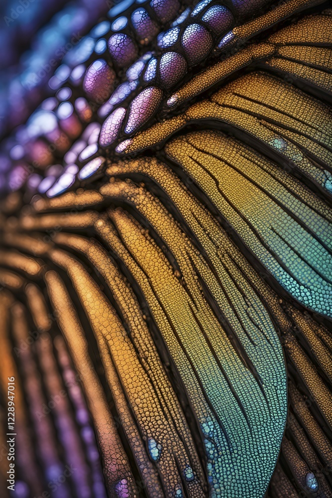 Vibrant butterfly wing with iridescent scales and network of veins, AI generated Vibrant butterfly wing with iridescent scales and network of veins, AI generated