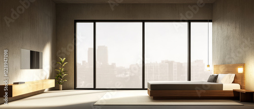 Wallpaper Mural Modern bedroom with large windows and minimalistic design in urban setting Torontodigital.ca