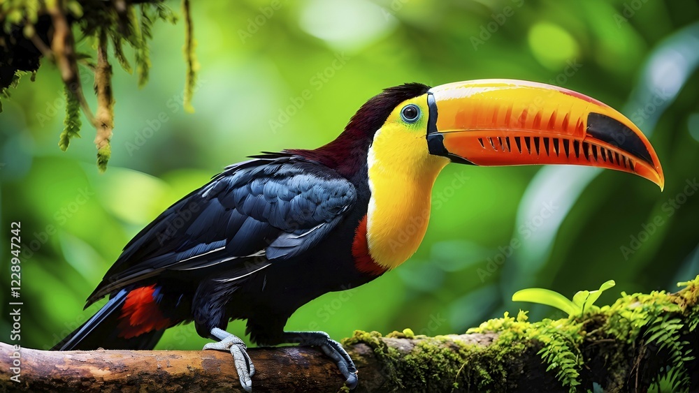 Naklejka premium Vibrant toucan perched on a gnarled branch in a dense rainforest, AI generated