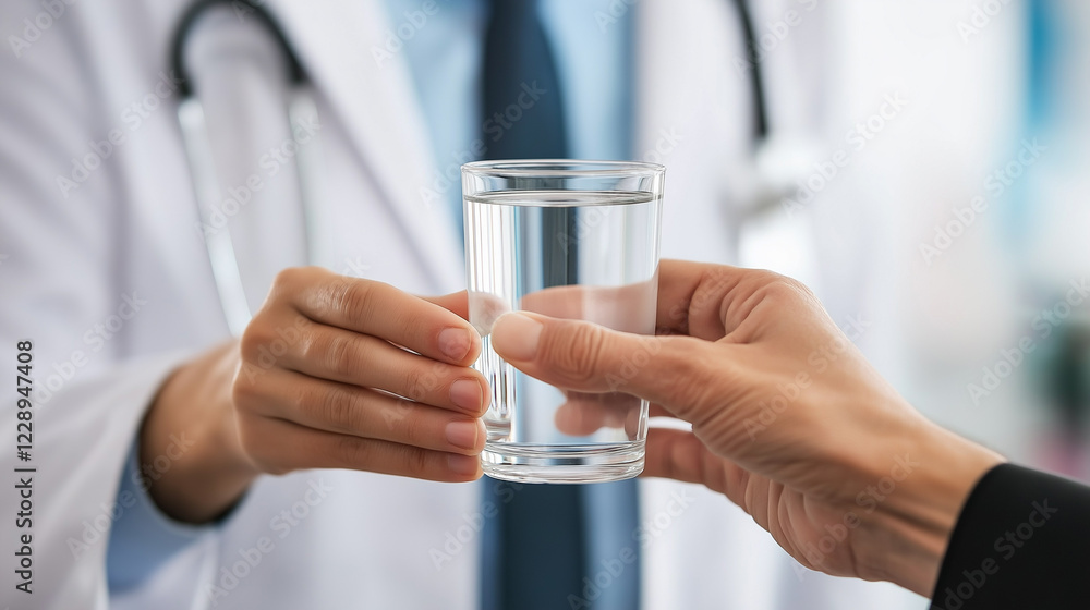 A glass of water in the hands of a medical worker. A glass of water in the hands of a medical worker.