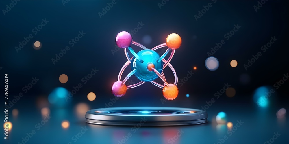 Fototapeta premium A stylized representation of an atom, featuring a central nucleus with orbiting electrons in vibrant colors. Concept Stylized Atom Design, Vibrant Colors, Central Nucleus, Orbiting Electrons