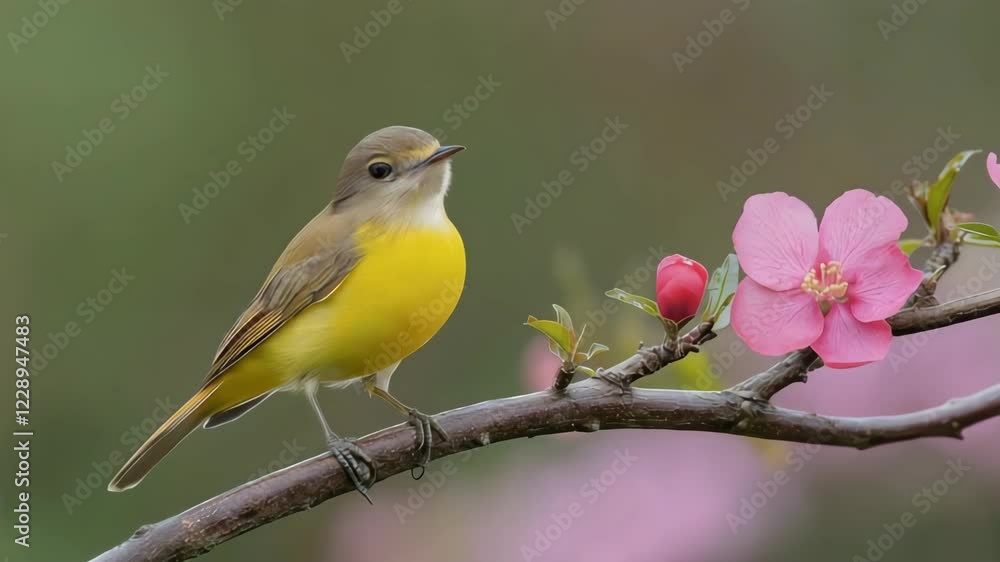 A beautiful yellow bird perched on a flowering branch with pink blossoms, set against a soft green background, symbolizing spring. A beautiful yellow bird perched on a flowering branch with pink blossoms, set against a soft green background, symbolizing spring.