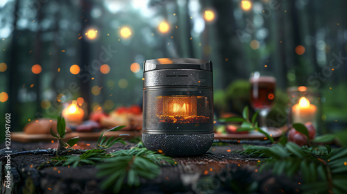 A portable heater sits on a wooden surface outdoors. Food, drink, and candles are in the background with bokeh lights in a forest setting.