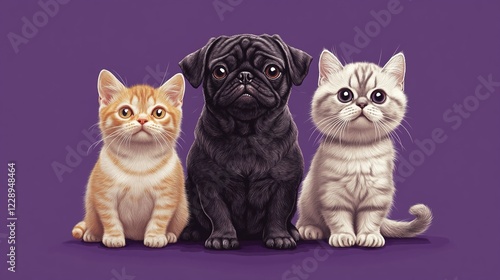 Wallpaper Mural Pug and two kittens on purple background. Torontodigital.ca
