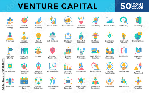 Venture Capital icons set with expansion strategy, market penetration, business scalability, growth hacking, revenue streams, customer acquisition, market entry icon. Simple color vector 
