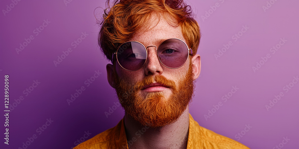 Portrait of a ginger-haired man with a beard wearing round sunglasses, generative AI Portrait of a ginger-haired man with a beard wearing round sunglasses, generative AI
