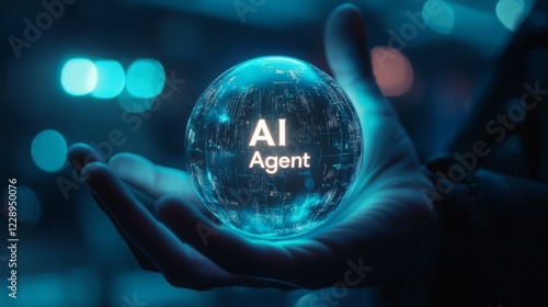 A hand holds a glowing orb displaying the words 