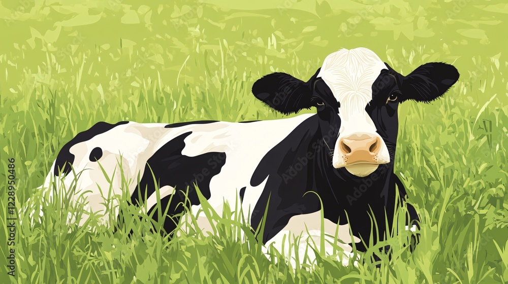 Serene Black and White Dairy Cow Resting Peacefully in Lush Field Serene Black and White Dairy Cow Resting Peacefully in Lush Field